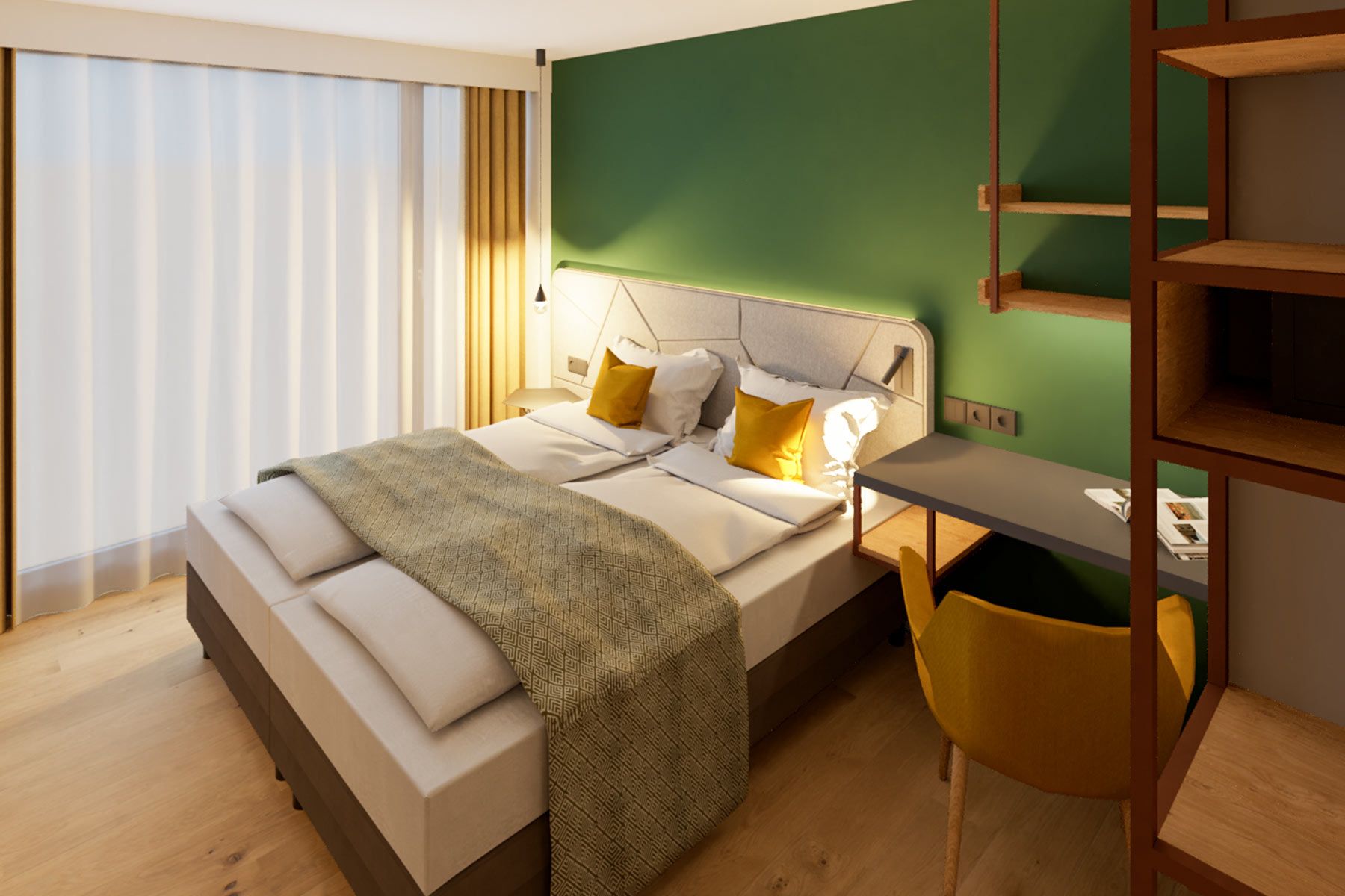 3D-Ansicht des Hotel-Schlafzimmers